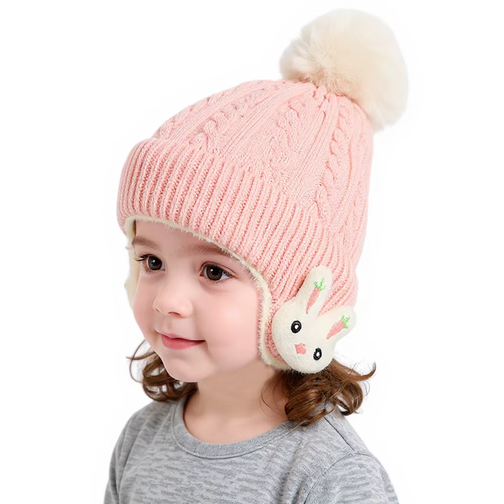 Gorro de bebé con pompón de conejo y orejeras para invierno - imagen 3