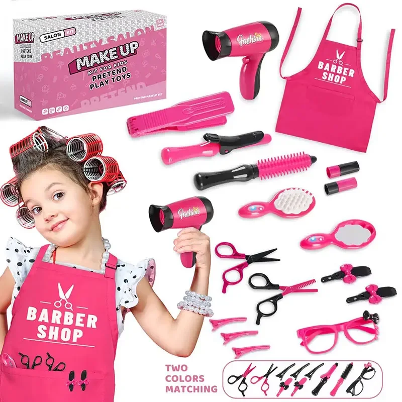 Juego de salón de belleza para niñas, juguete de peluquería, juego de simulación, Kit de corte de pelo con secador de pelo, tijeras, delantal y accesorios de estilismo