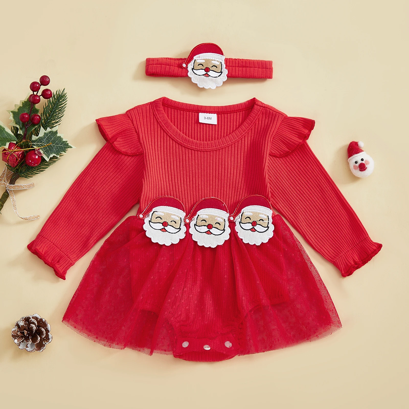 SUNSIOM-vestido mameluco acanalado para niña de 0 a 18 meses, mono de burbujas de malla de manga larga con cuello redondo de Papá Noel y diadema