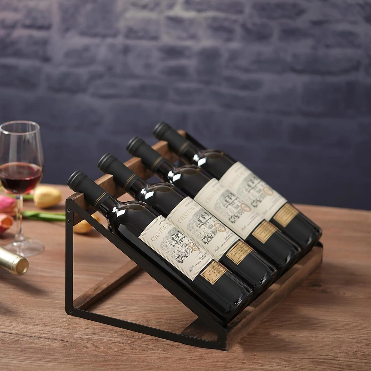 Botellero de vino inclinado de madera y hierro de varios niveles - imagen 5
