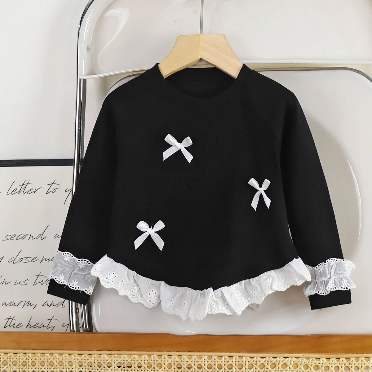 Camiseta manga larga con lazo de encaje estilo coreano para niña - imagen 2