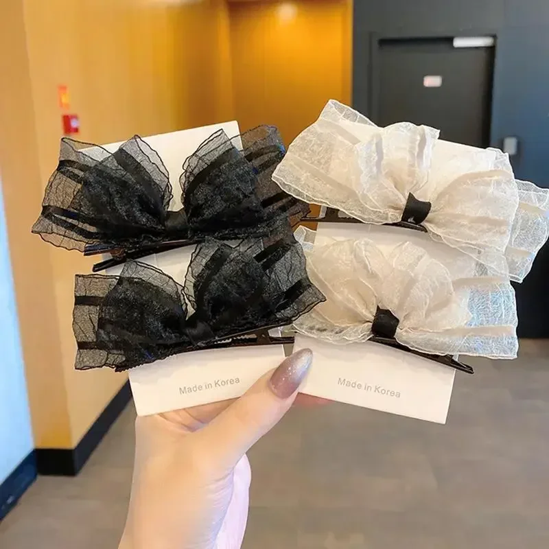 2 unids/set de lazo de gasa con Clip de pico de pato para niñas, dulce flequillo con lazo, horquilla lateral, pasadores, sombreros para bebés, accesorios para el cabello para niños