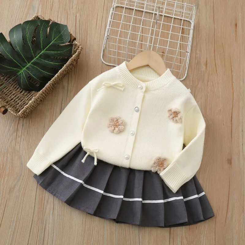 MILANCEL-Conjunto de suéter de otoño para niñas, cárdigan y falda de punto con lazo de flores de 2 a 6T, traje holgado de estilo coreano para niños, 2 uds. - imagen 3