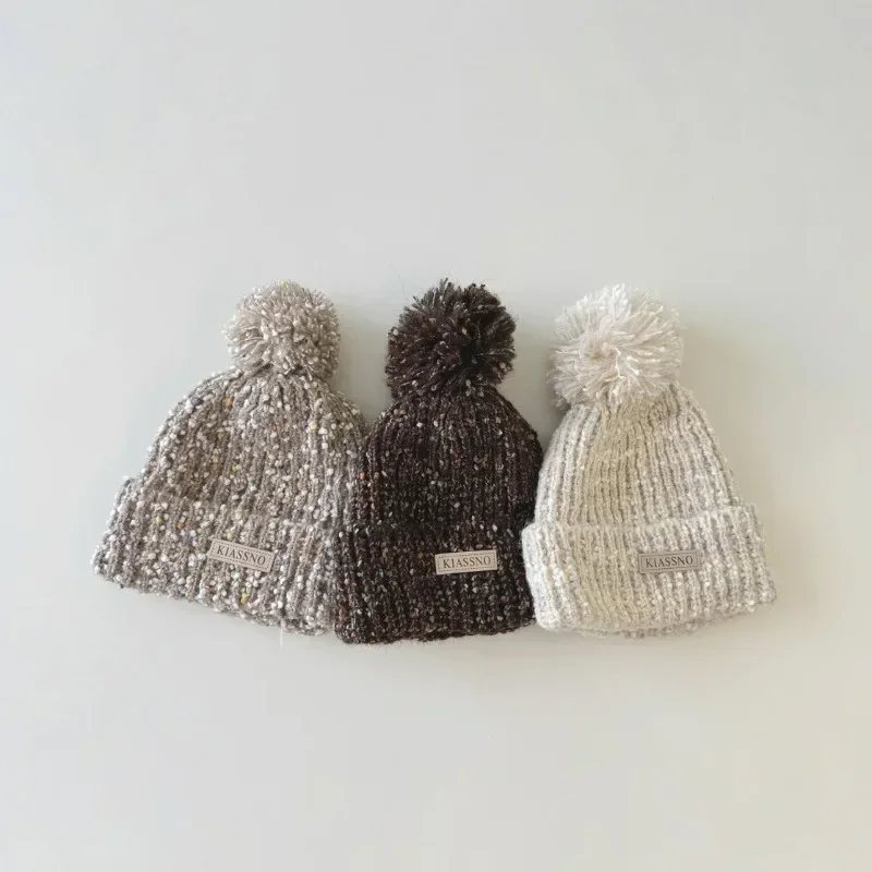 Gorro cálido y elegante para niños y niñas, gorro de punto Retro a la moda, bola peluda, gorro de ganchillo de felpa de lana cálido para otoño e invierno - imagen 3