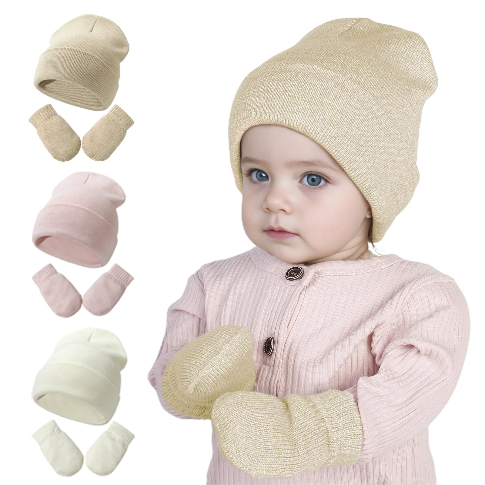 Gorro de punto para bebé, conjunto de guantes, moda versátil, Color sólido, algodón grueso/invierno, gorro cálido para bebés y niñas, sombreros a prueba de viento - imagen 2