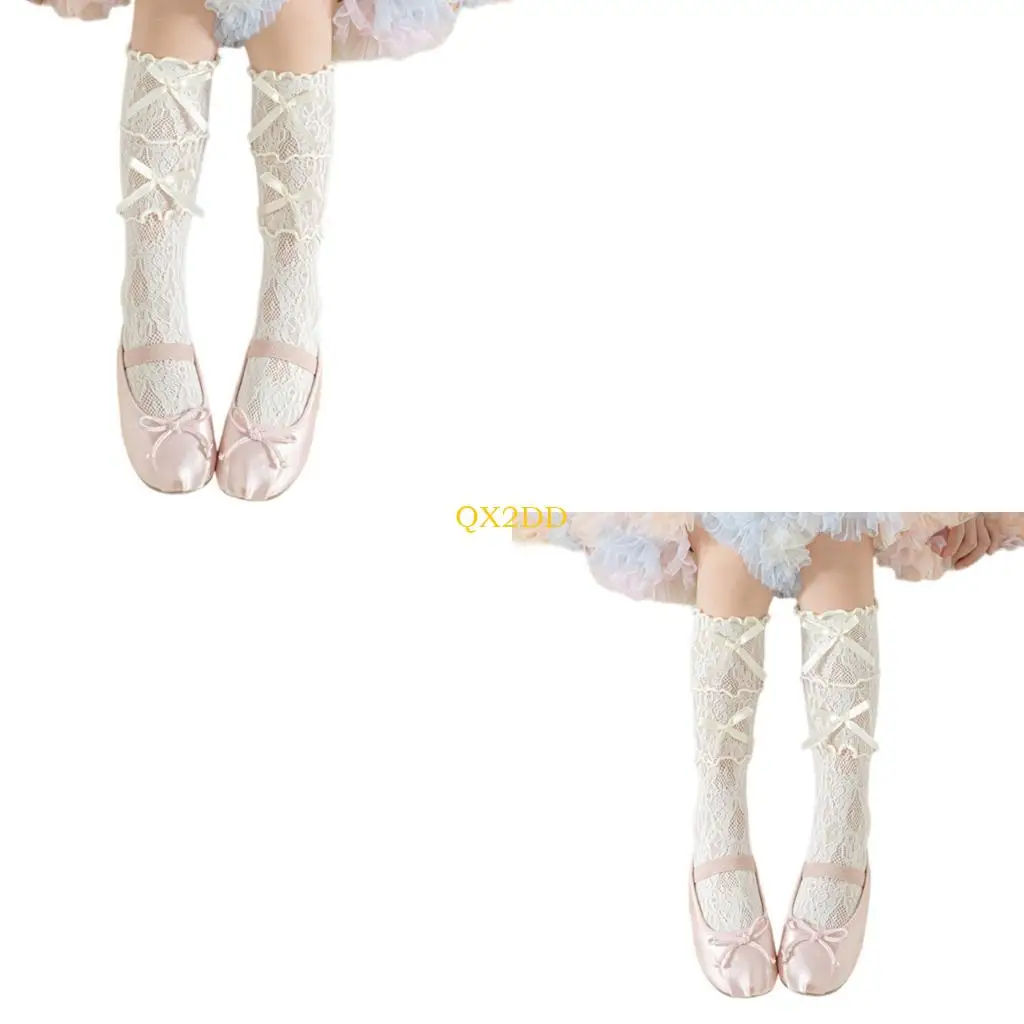 QX2D 1 PAR 3-13T Cocadios longitud pantorrilla para niños Desgaste piernas cómodas con bownot encaje