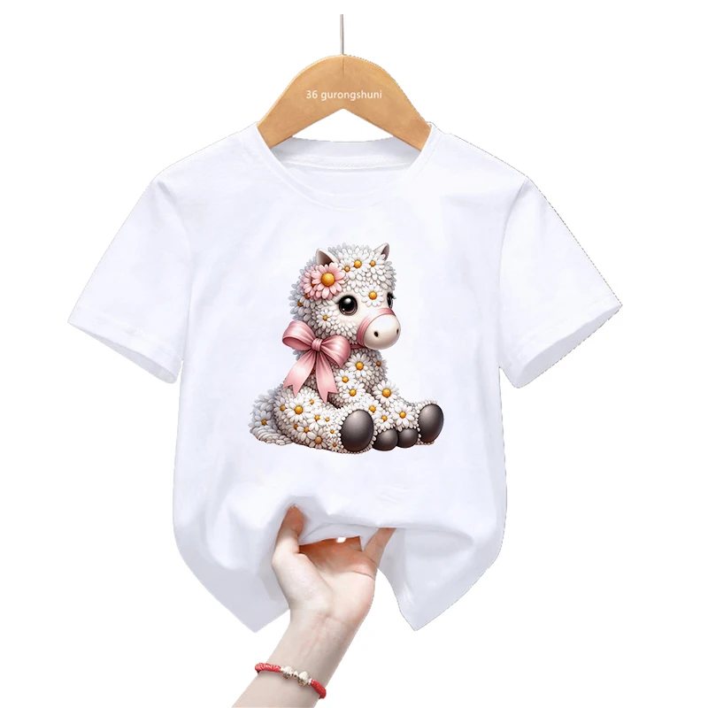 Camiseta con estampado de flores, elefante, mono, perro, pingüino, oso, conejo, gato, ciervo, ropa Harajuku Kawaii para niños y niñas - imagen 3