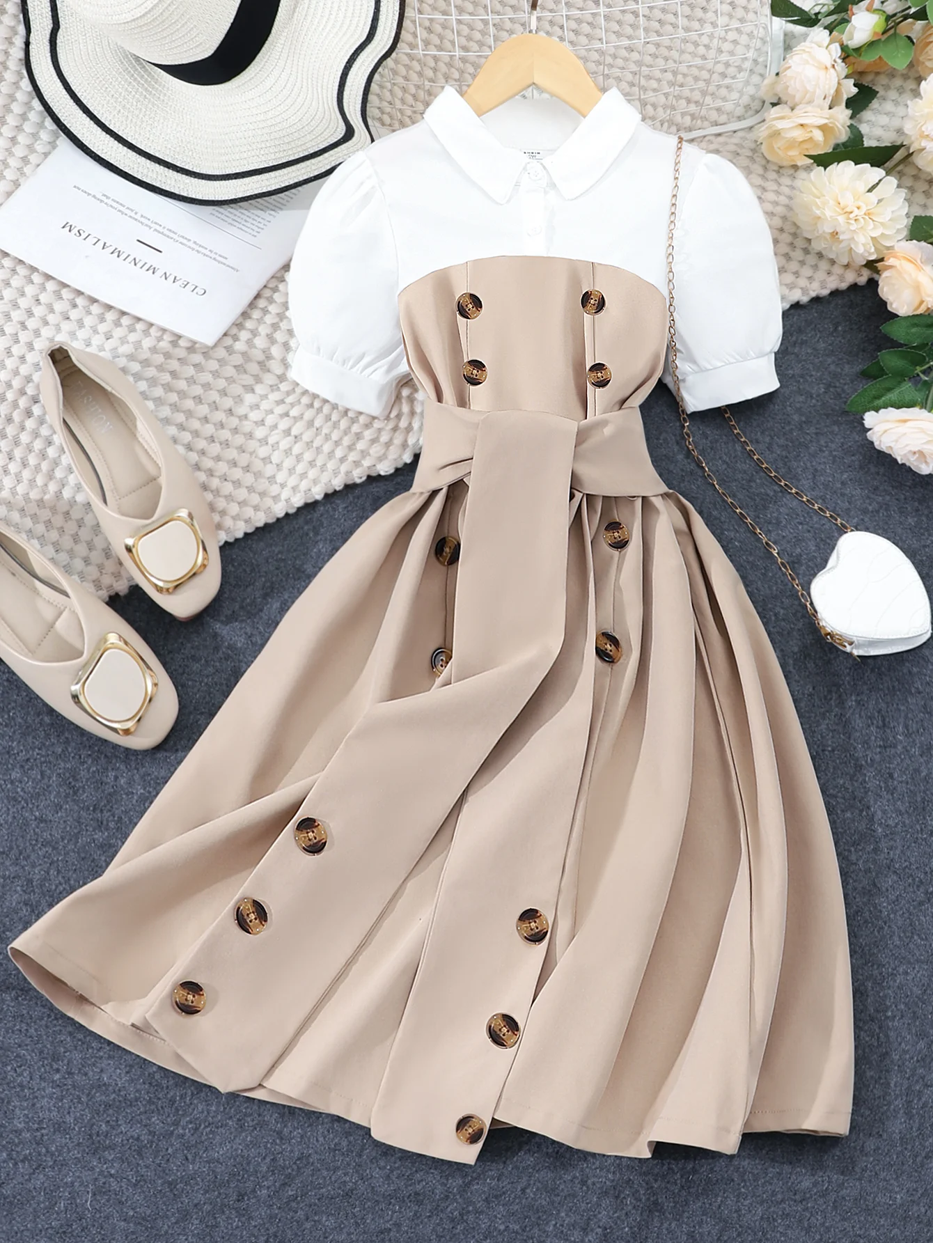 Vestido de manga corta para niños y niñas, ropa de verano, montaje de colores contrastantes, moda informal, 13 a 16 años - imagen 3