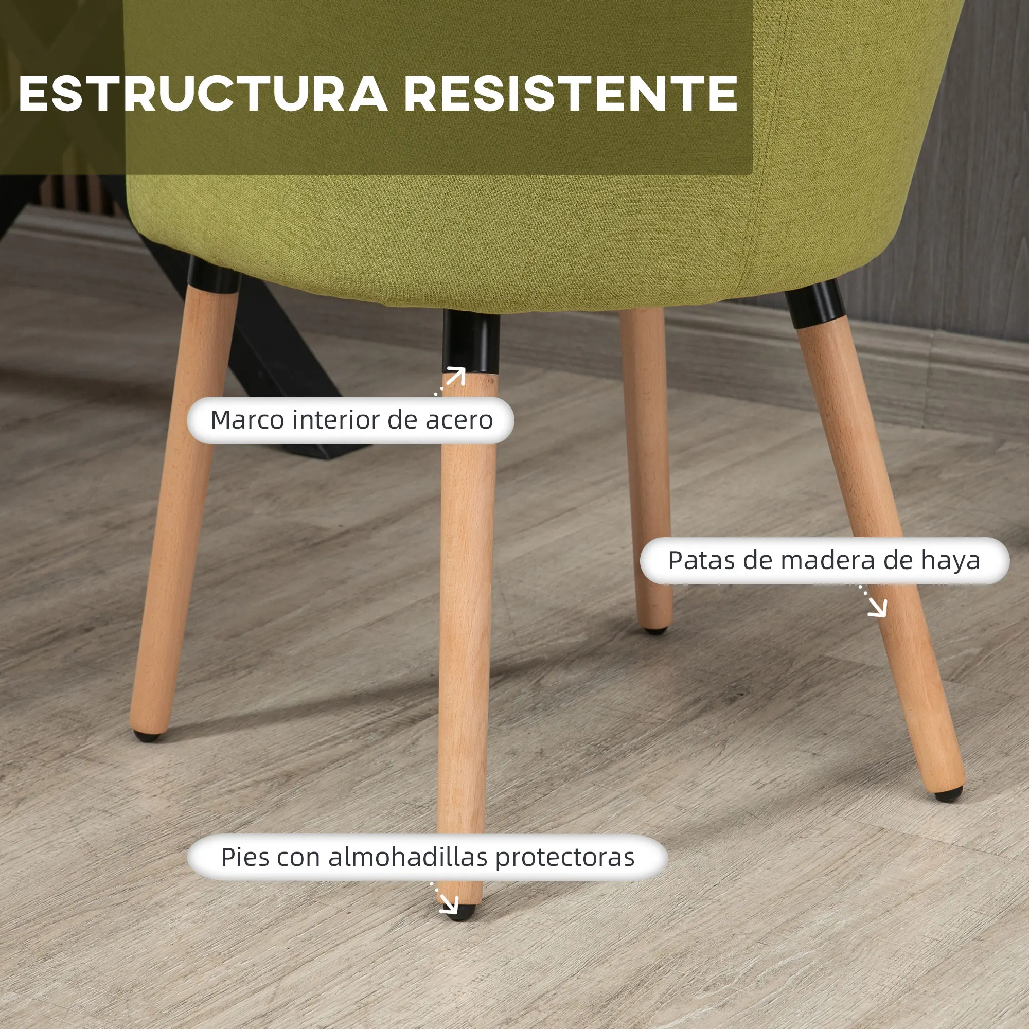 HOMCOM Silla de Comedor Butaca de Salón Tapizada en Lino Sintético con Reposabrazos y Patas de Madera para Oficina Dormitorio Carga 120 kg 57x56x72 cm Gris - imagen 3