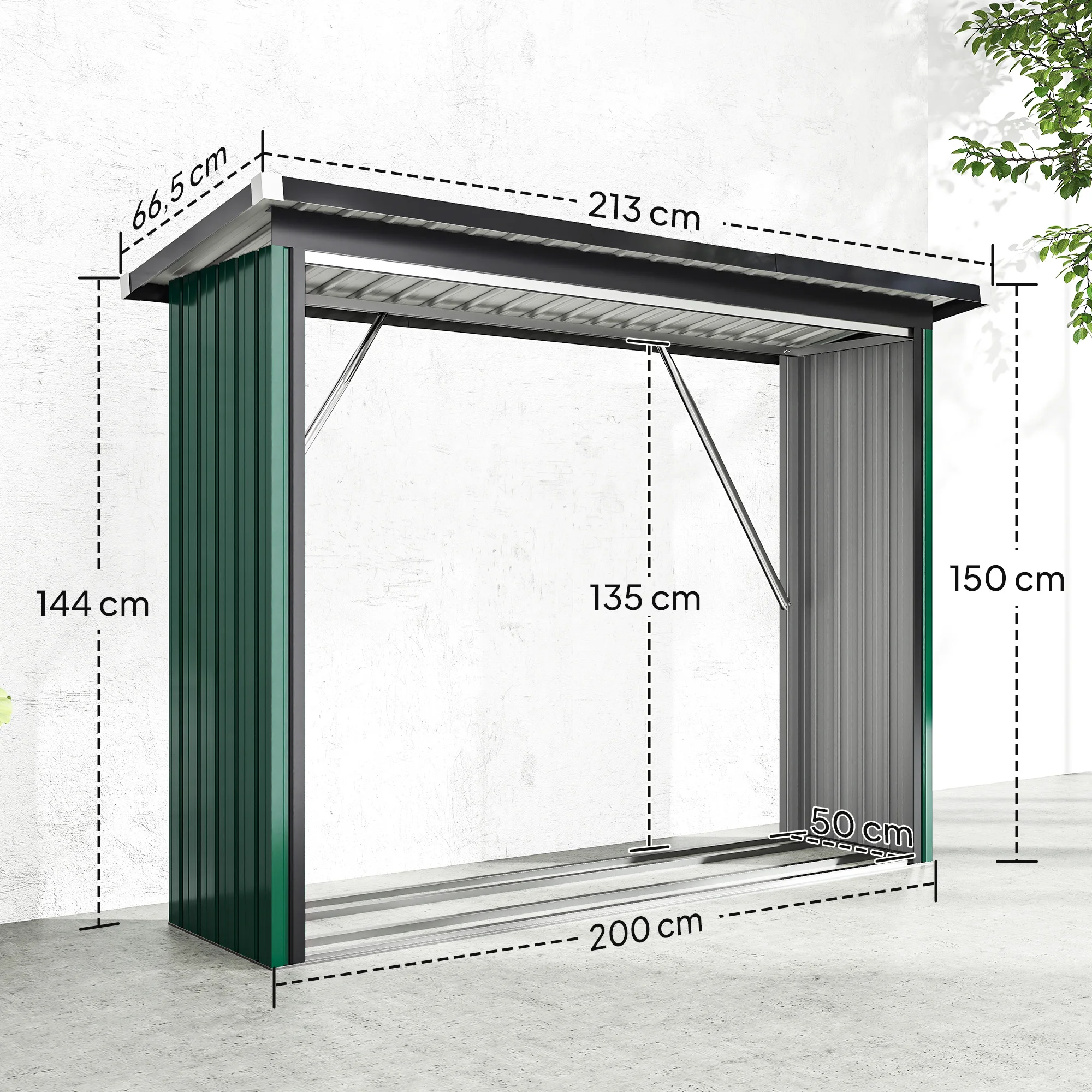 Outsunny Casetilla para Leña de Acero Galvanizado, Cobertizo Leñero Exterior de Almacenamiento de Troncos, con Base Elevada y Techo Inclinado, 213x66,5x150 cm, Verde - imagen 3