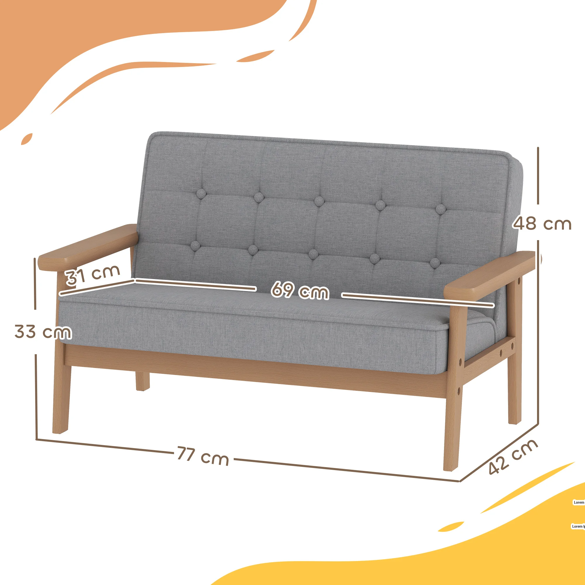 AIYAPLAY Sofá para Niños de 2 Plazas, Sillón Infantil de Felpa Suave con Estructura de Madera, Asiento y Respaldo Acolchados, Reposabrazos, para Niños de +3 Años, para Dormitorio, Sala de Juego, Gris - imagen 3