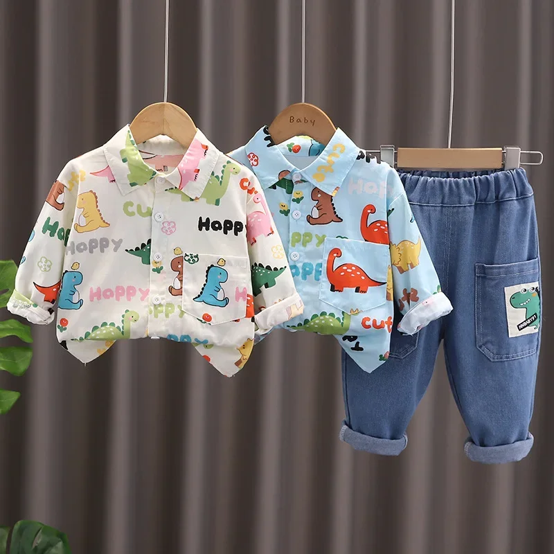 Conjunto de ropa para niños de 1 a 5 años, camisa de dinosaurio y pantalones vaqueros, traje de 2 piezas, Otoño, 2024