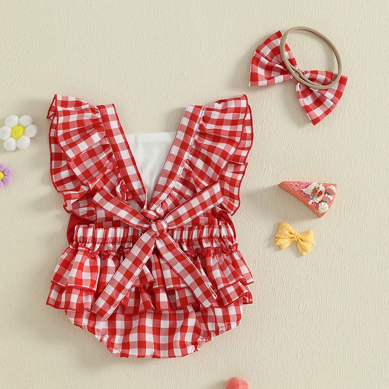 SUNSIOM Mameluco de cumpleaños para niñas, conjunto de mono y diadema con mangas voladoras y estampado de frutas a cuadros informal de verano - imagen 2