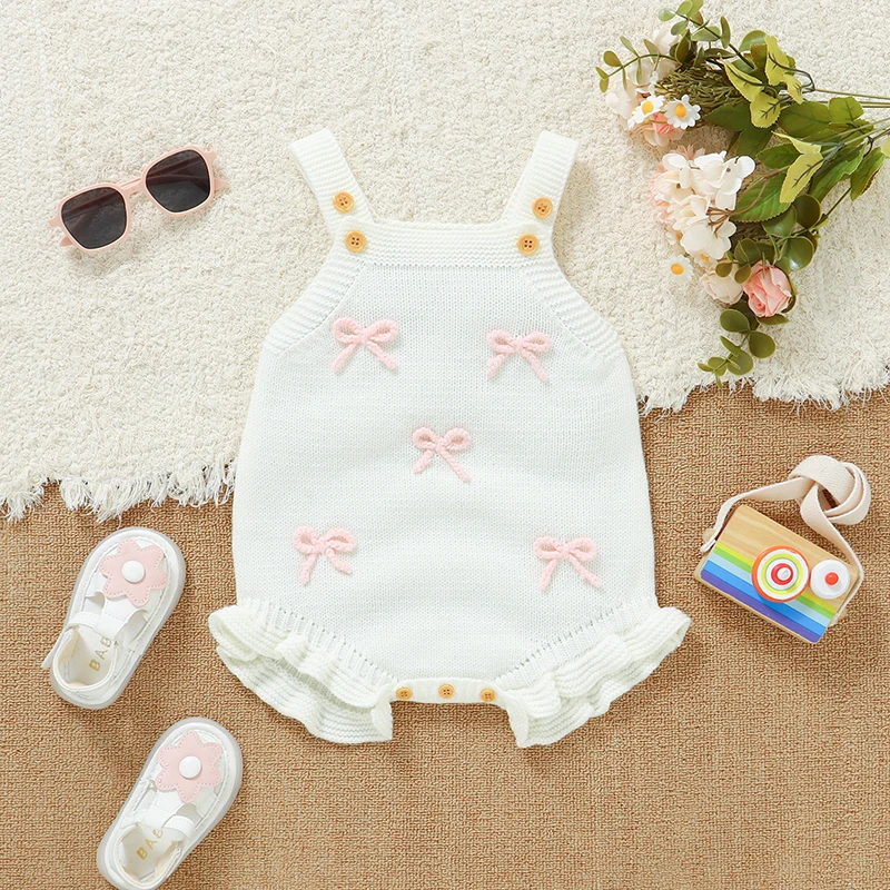 Lindo bebé niñas Correa Bodyusits ropa 0-18m Rosa Bowknot tejido recién nacido Infantil sin mangas Onesie una pieza trajes para niños pequeños