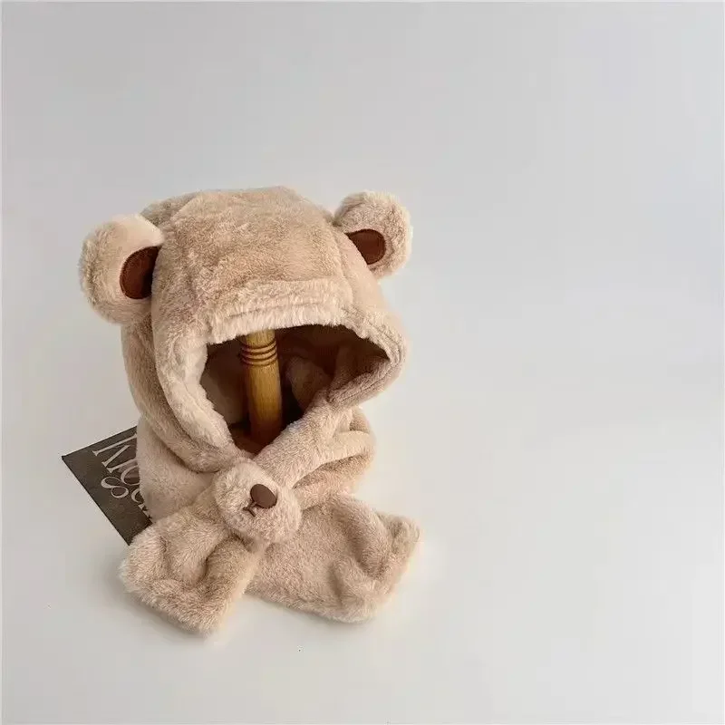 Gorro peludo cálido para bebé con bufanda, conjunto de oso de dibujos animados, gorro con protección para los oídos para niño pequeño con bufanda, gorros cálidos de felpa gruesos para invierno - imagen 2