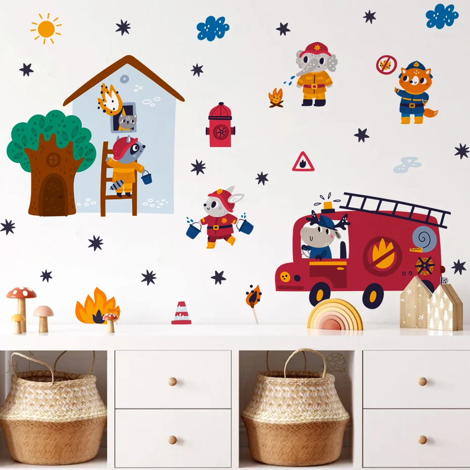 Pegatina de pared: animales bomberos para dormitorio infantil - imagen 4