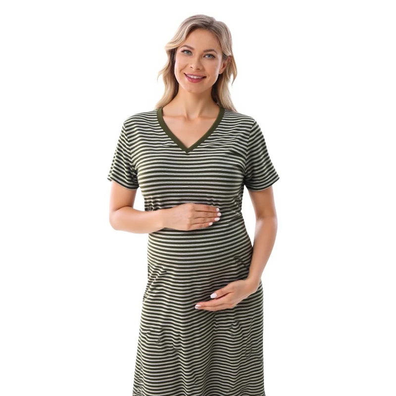 Vestido para amamantar, vestido de maternidad, vestido de embarazo a rayas de algodón, vestidos de lactancia de manga corta con cuello en V para mujeres posparto - imagen 4