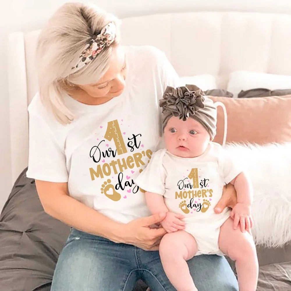 Conjunto a juego con estampado para el primer día de la madre, camiseta para mamá, Body para bebé, ropa familiar, regalo para bebé Momo - imagen 3