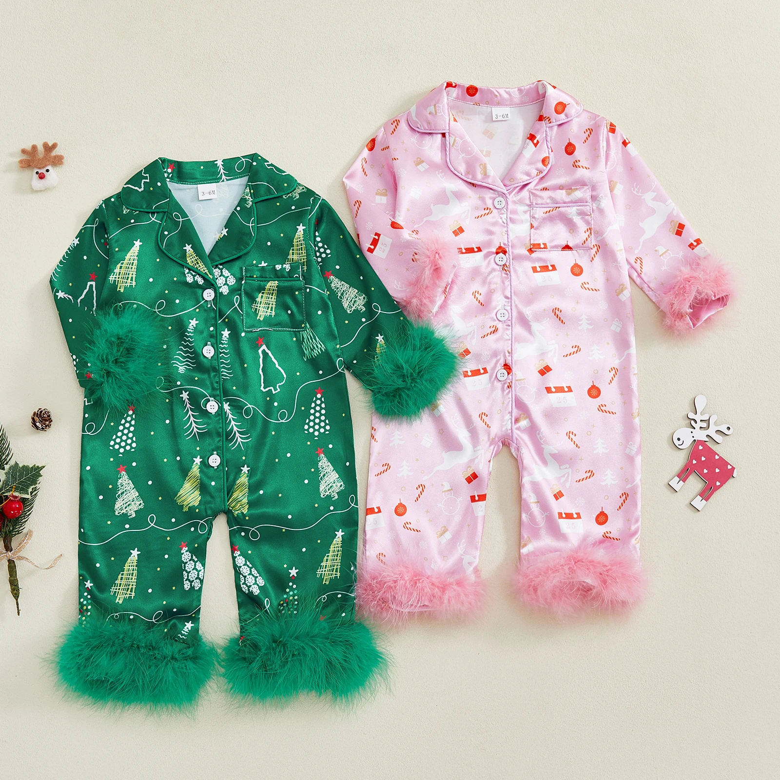 Pijamas navideños para niña de 0 a 24 meses, pijamas de manga larga con solapa y botones, monos con estampado de elementos navideños - imagen 2