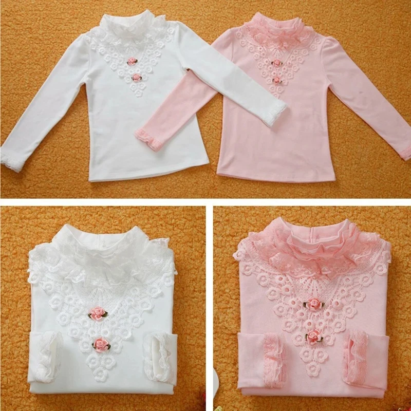 Ropa interior de Color sólido para niñas, camisa con cuello de encaje para niños, camiseta cálida informal de manga larga para otoño e invierno - imagen 5