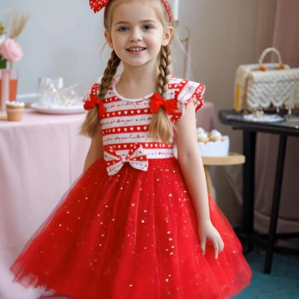 Lindo vestido rojo para niñas, vestidos de verano de manga corta Sweet Love para niños pequeños, disfraz informal para fiesta de cumpleaños para niños de 2 3 4 5 6 7 años