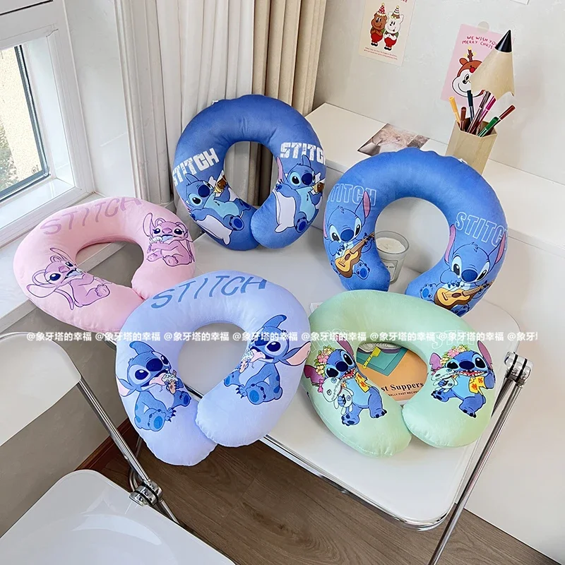 Disney Lilo & Stitch-almohada para el cuello en forma de U, cómodo estampado de dibujos animados de Ángel, almohada para siesta de viaje, avión, lavable para oficina