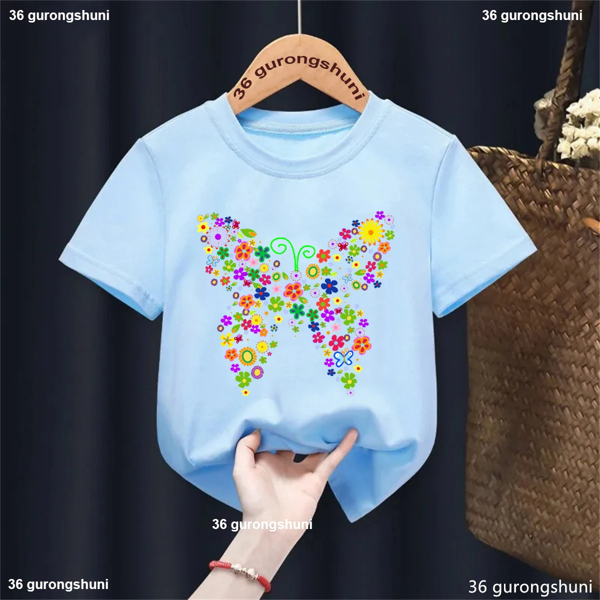 Camiseta con estampado de flores y mariposas coloridas para niñas, ropa Kawaii para niños pequeños, camiseta blanca/rosa/negra/roja/azul a la moda de verano - imagen 4