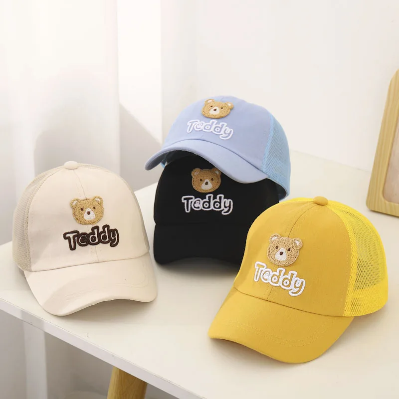 Gorra de béisbol bordada para niños y niñas, sombrero de béisbol de malla con bordado de oso, Snapback, Hip Hop, primavera y verano