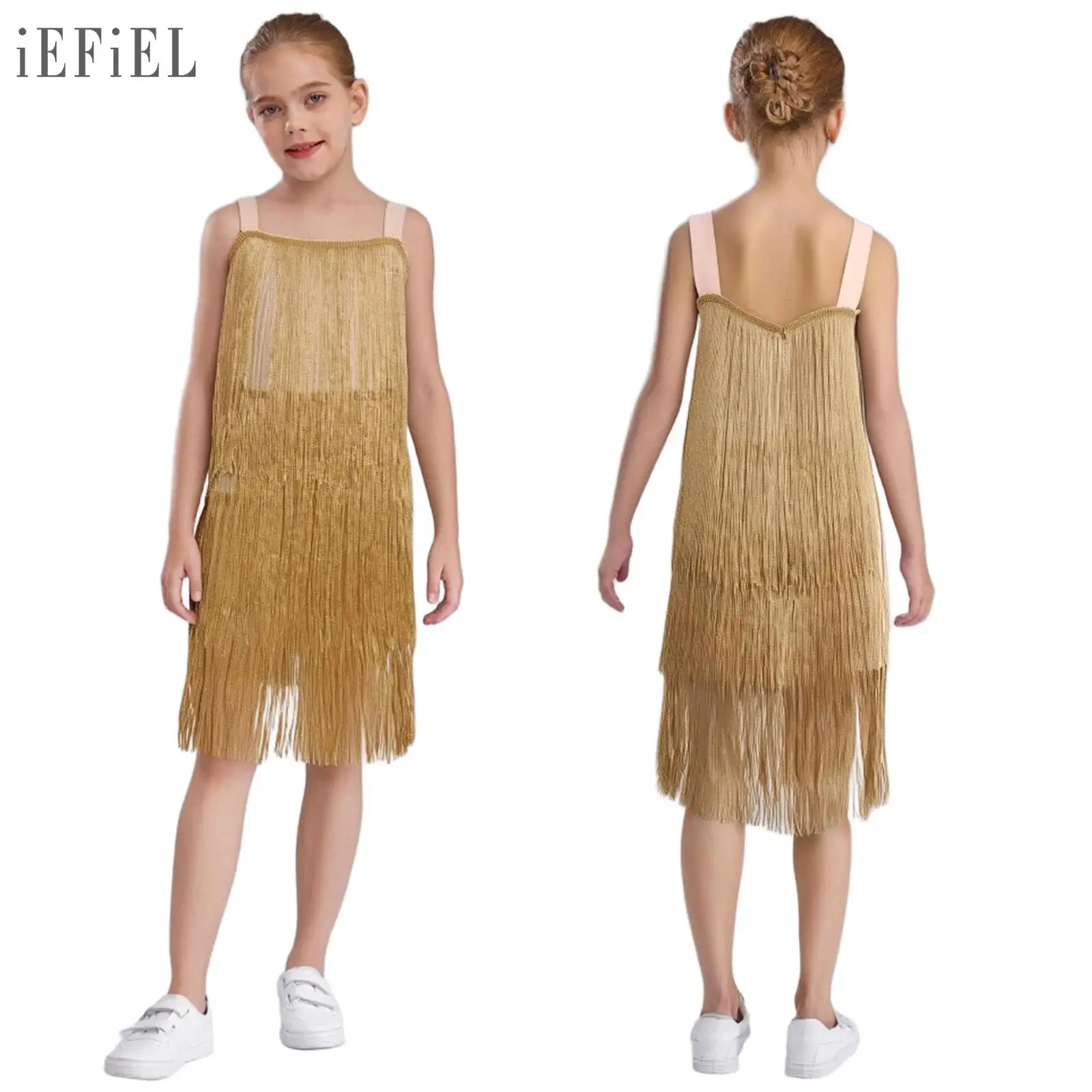 Vestido con flecos escalonados para niñas, sin mangas, tirantes anchos, vestidos con borlas brillantes para fiesta de baile latino, puesta en escena