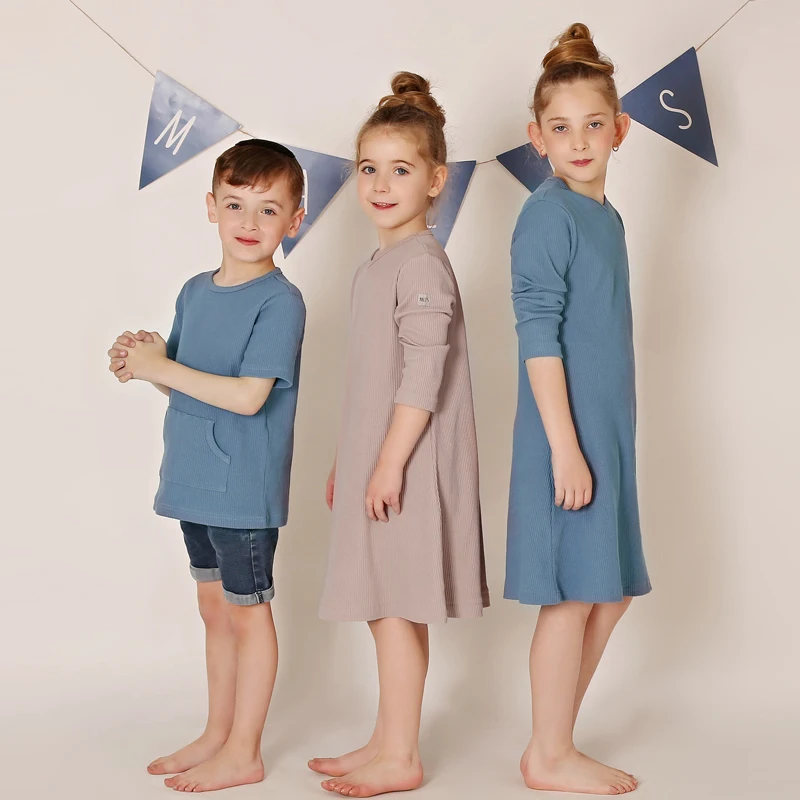 Vestido largo de varias estaciones para niñas, vestidos con cuello en v, conjunto de pijamas familiares de manga larga, ropa para niños, material acanalado de punto - imagen 4