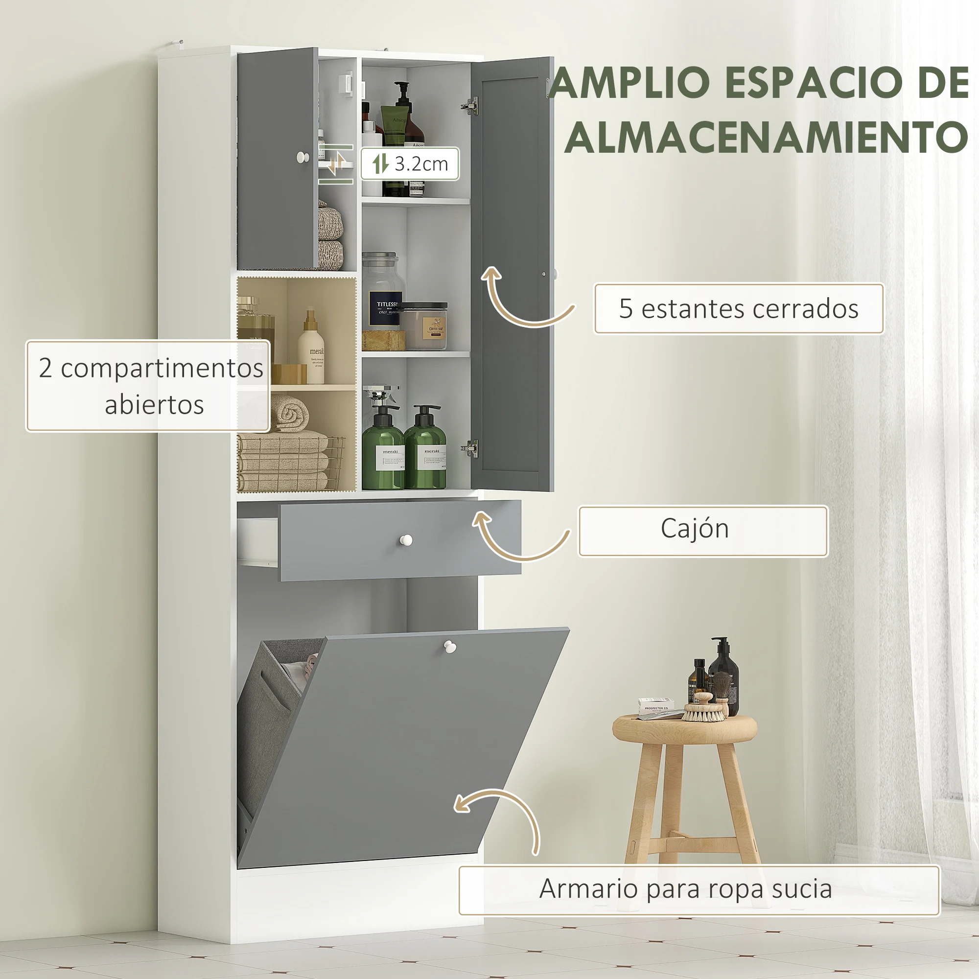 HOMCOM Armario de Baño con Cesto Ropa Sucia Armario Alto de Baño Estrecha con Espejo Cajón Compartimentos Abiertos y Estantes Ajustables 62x28,3x181 cm Blanco y Gris - imagen 4