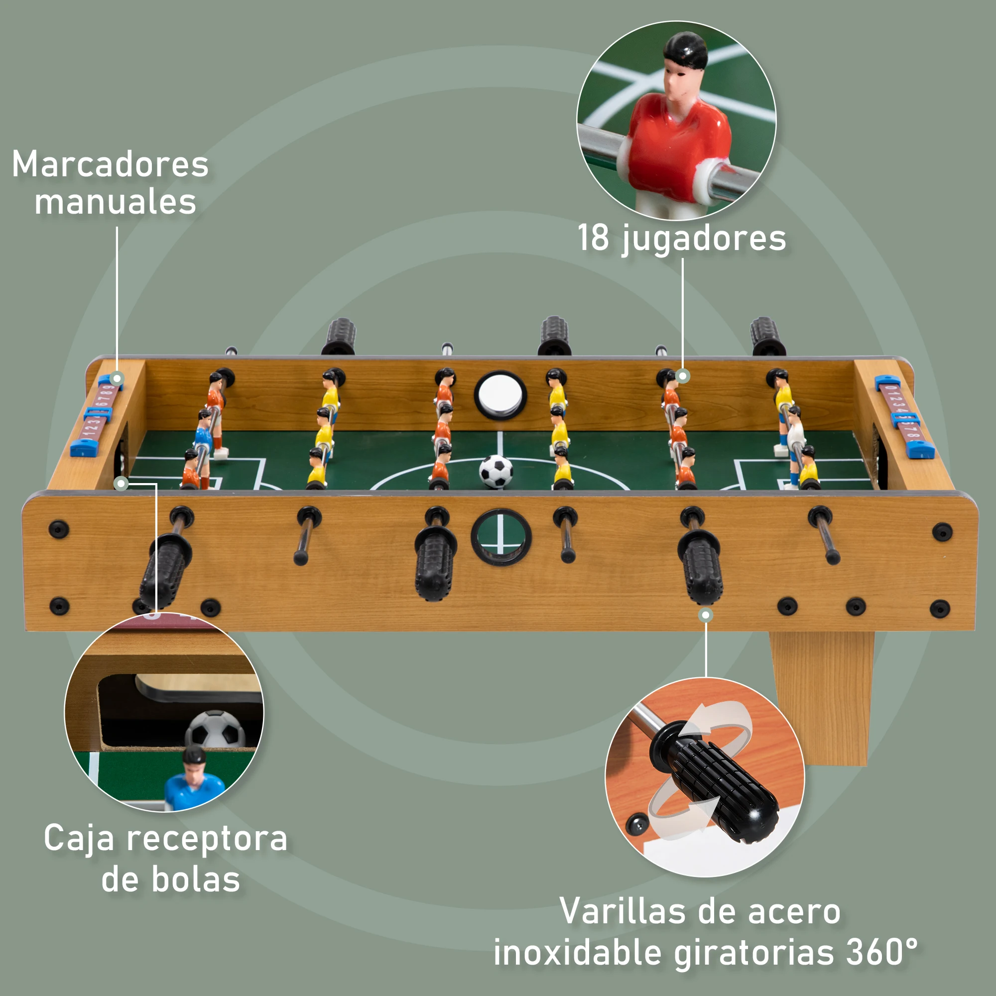 HOMCOM Futbolín de Mesa para Niños de +6 Años Juego Mesa de Fútbol de Madera con 2 Bolas 6 Asas 2 Marcadores de Puntos 18 Jugadores 69x36,5x22cm - imagen 4