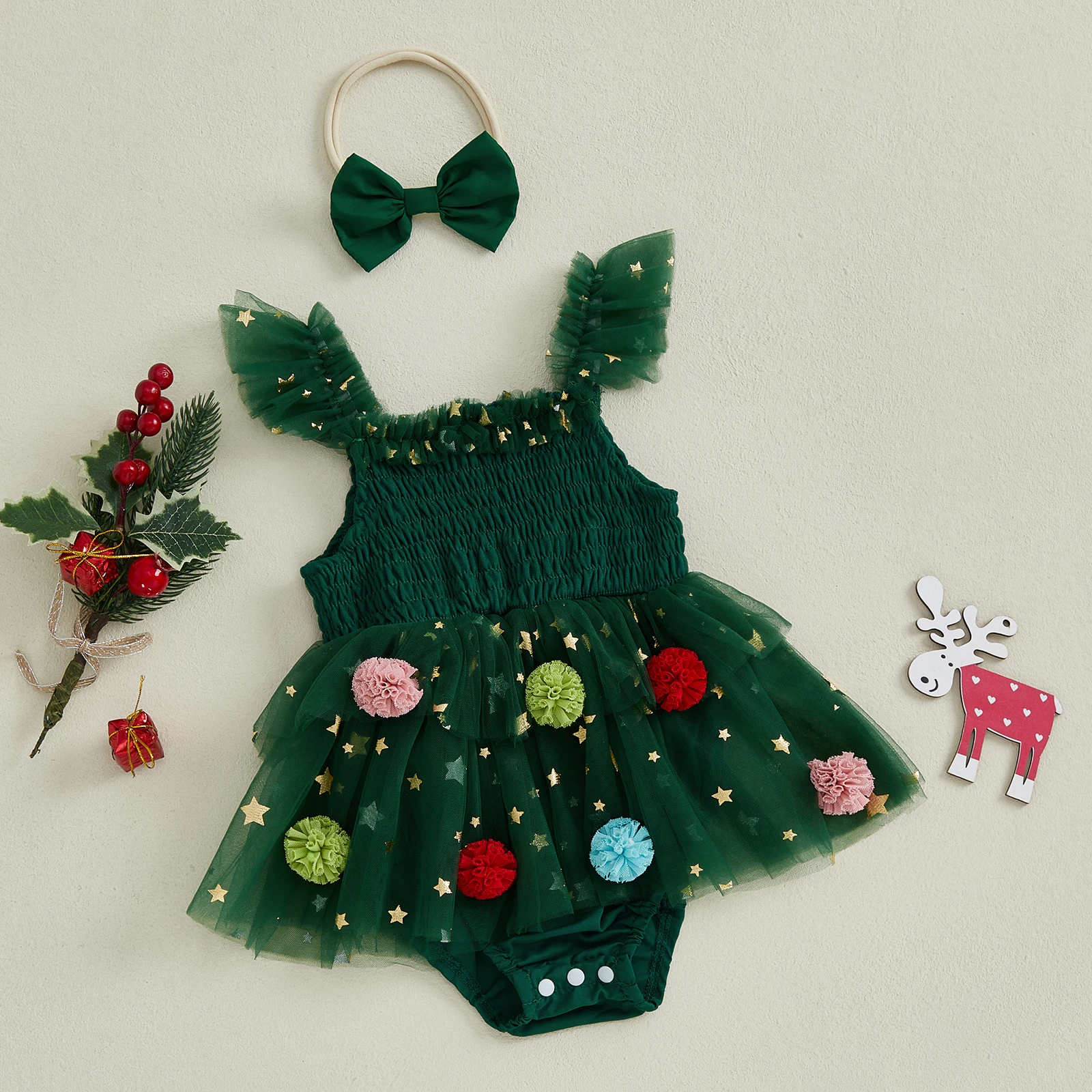 Suefunskry Conjunto de Navidad para niña con purpurina y estrella, bola de pompón, manga voladora, mameluco de tul ahumado, vestido, diadema con lazo - imagen 3
