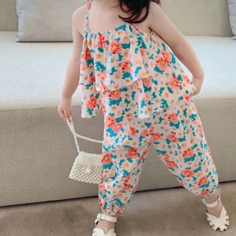 Novedad de verano, trajes para niñas, bonito chaleco Floral y pantalones antimosquitos, conjuntos de ropa para niños, traje de moda para niños - imagen 2