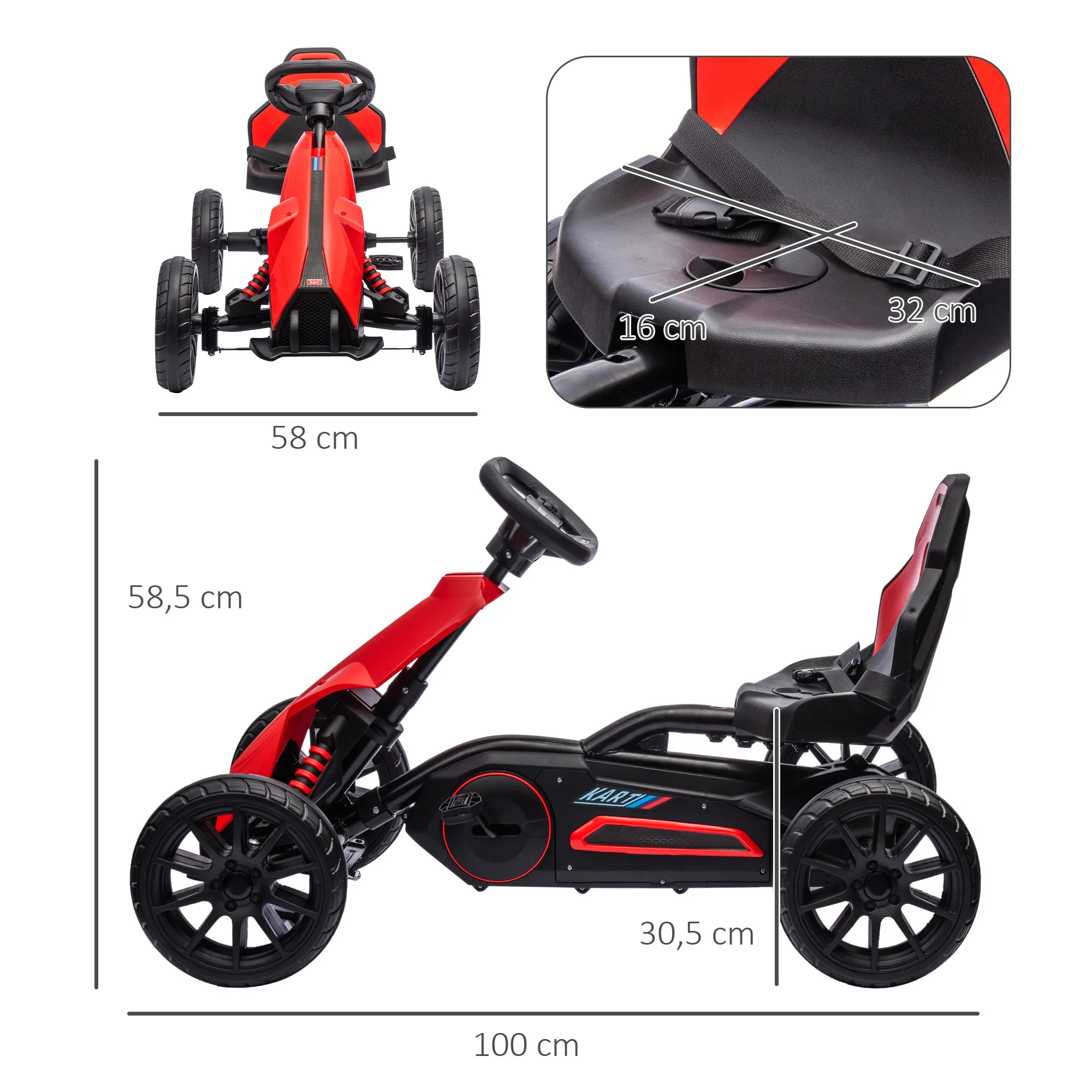 HOMCOM Kart Pedales Go Kart a Pedales para Niños de 3-8 Años con Asiento Ajustable en 4 Posiciones Freno de Mano y Ruedas de EVA Carga 30 kg Rojo - imagen 3