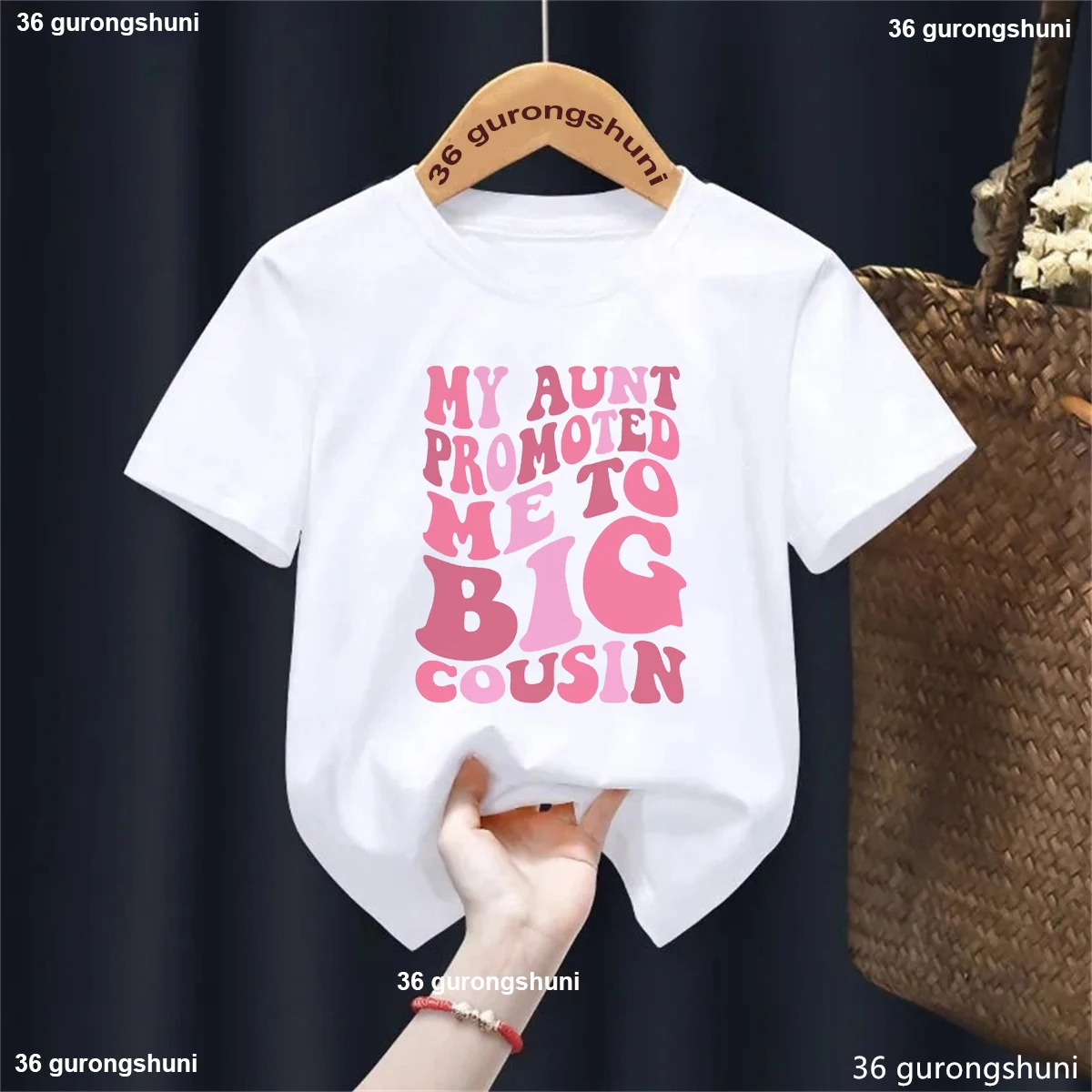 Camiseta con estampado de letras My Tunt Me Promoted To Big Cousin, camiseta de anuncio de embarazo para niñas, ropa Kawaii para niños, camiseta sólida - imagen 3