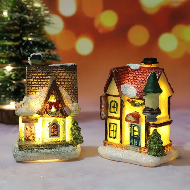 Decoración navideña para casa, luz LED, adornos duraderos de Navidad, Mini casa pequeña de resina, edificio de pueblo en miniatura para el hogar, regalo para niños - imagen 3