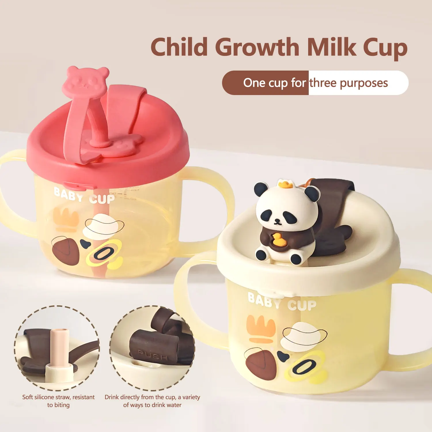 Taza de paja de panda para niños de 300ML, taza de agua, taza de desayuno, accesorios de fotografía, mayores de 6 meses, anticaída, antifugas