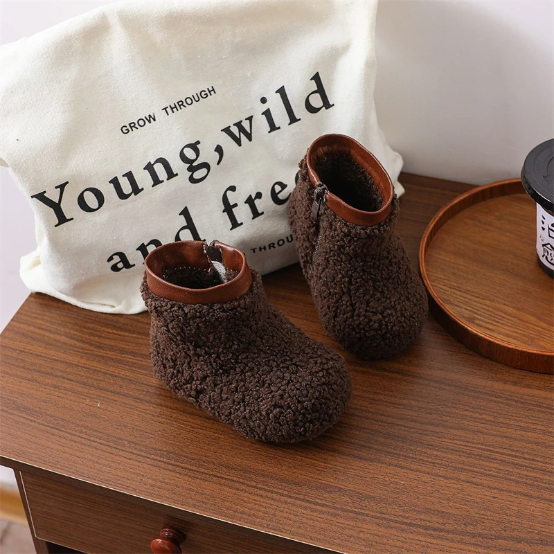 Zapatos de Otoño Invierno para niños, botas de nieve para niñas, zapatos casuales de felpa cálidos para exteriores para bebés, botas antideslizantes de suela suave para niños pequeños - imagen 3