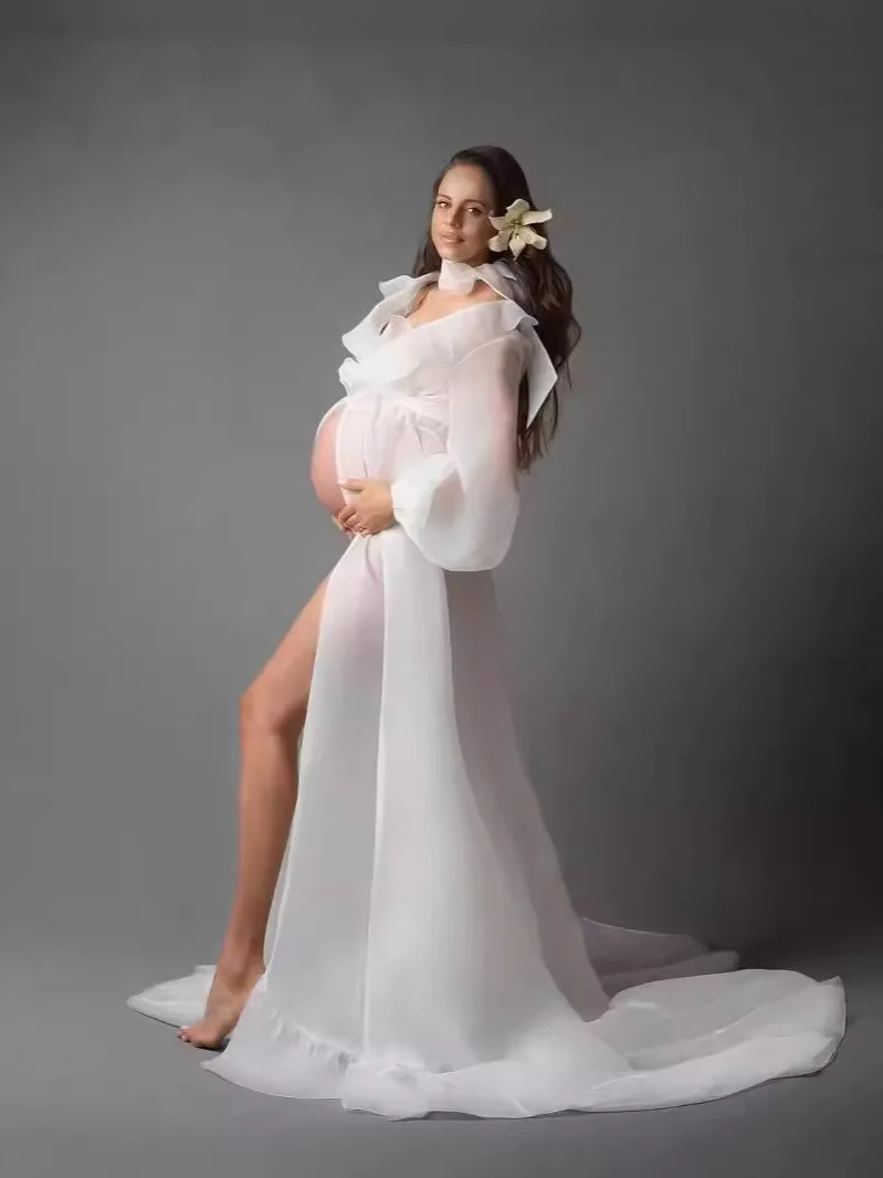 Vestido de gasa para fotos premamá con cuello volantes y manga farol - imagen 3