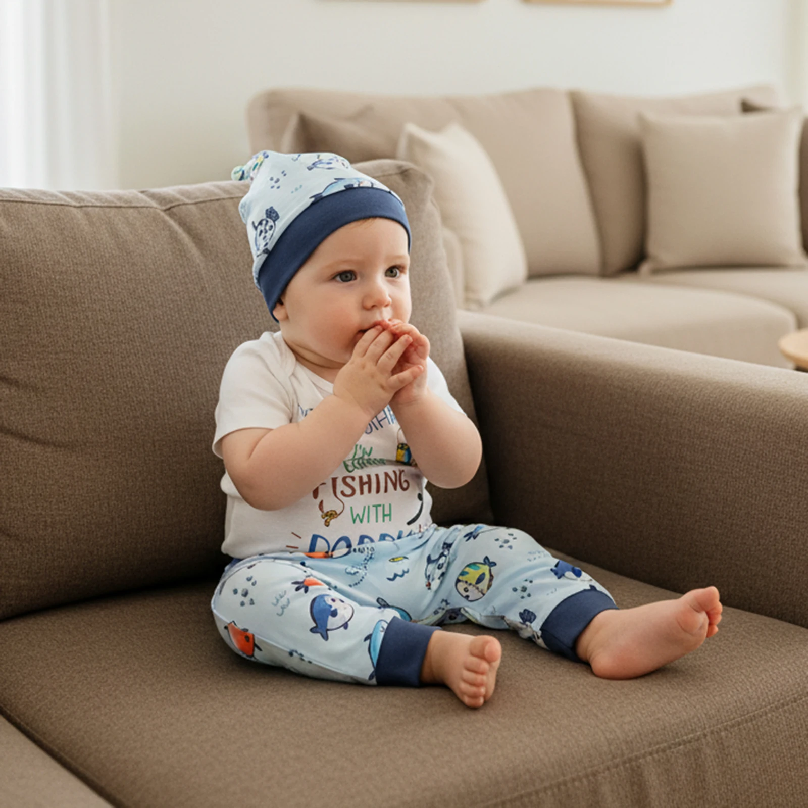 ViSgogo Conjunto de 3 piezas de verano para bebé, cuello redondo, manga corta, estampado de letras, mameluco, pantalones elásticos de cintura larga y sombrero