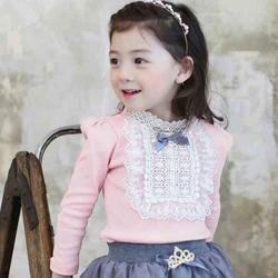 Blusa blanca manga larga con lazo encaje para niña escolar