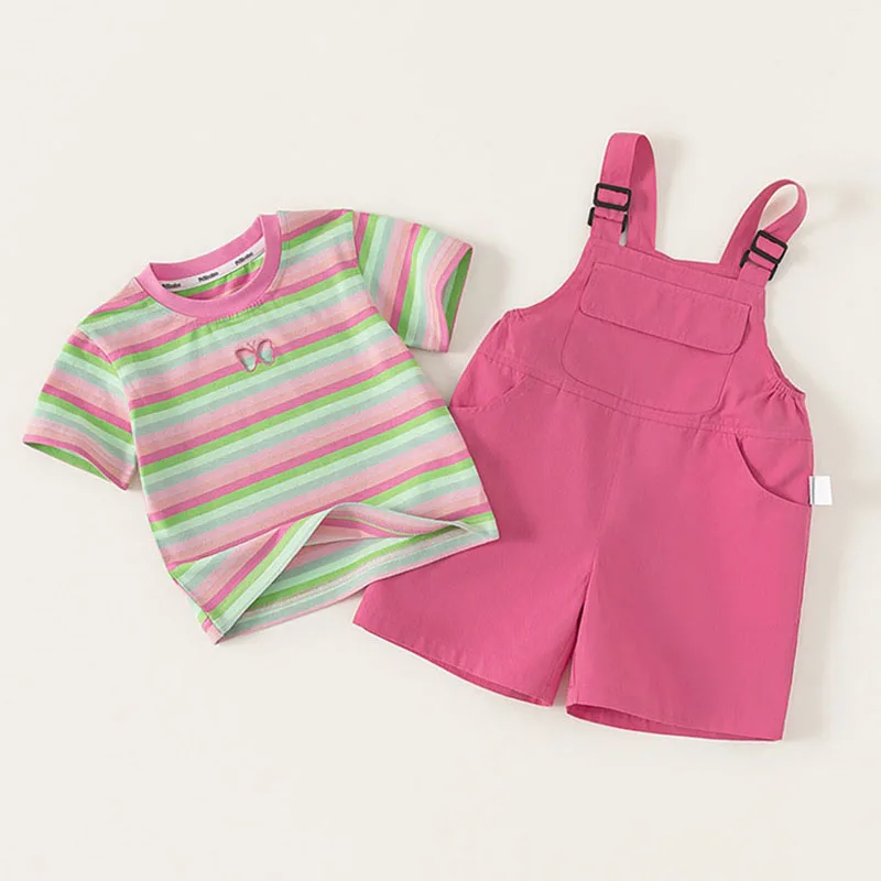 Conjunto de trajes de verano para niño niña, moda coreana, Tops de manga corta con mariposa a rayas y pantalones cortos con tirantes, ropa de Boutique para niño B157 - imagen 2