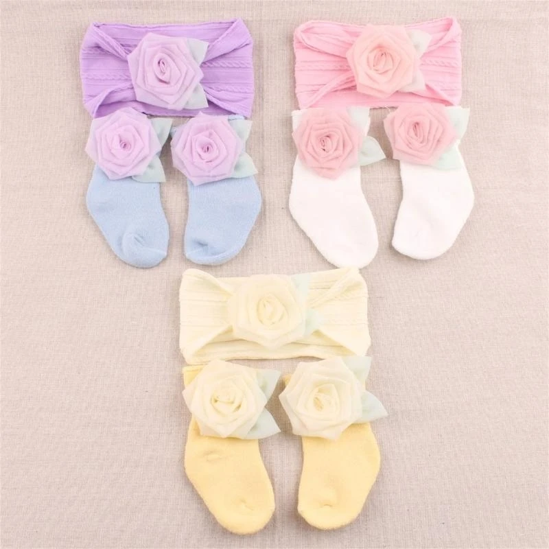 M76C Calcetines y diadema para recién nacidos, par calcetines y gorros elásticos y cómodos para bebés, calcetines y cintas