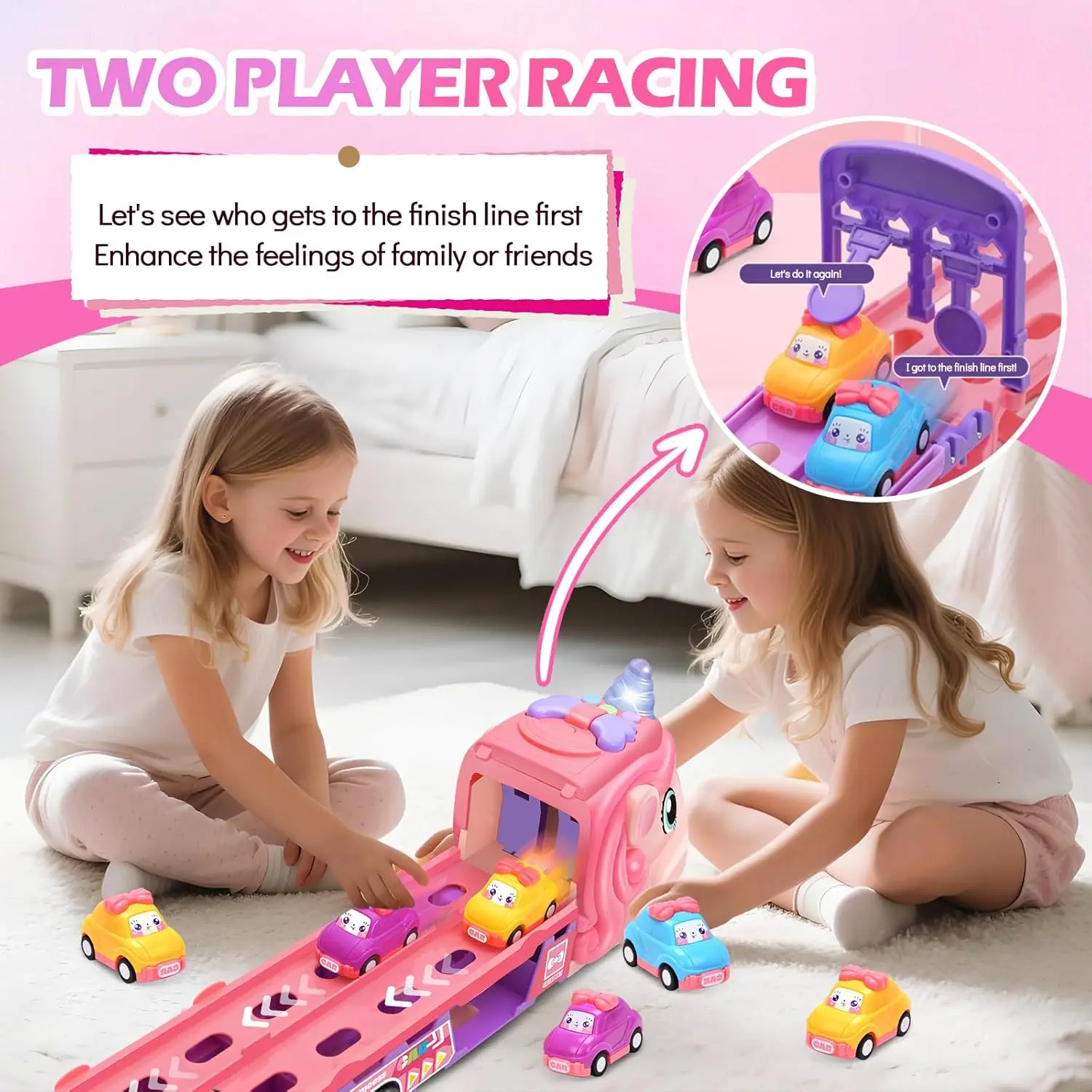 Coches para niñas para niños, camiones transportadores plegables de unicornio rosa con luces, coches de princesa musical, regalo de cumpleaños para niños pequeños - imagen 4