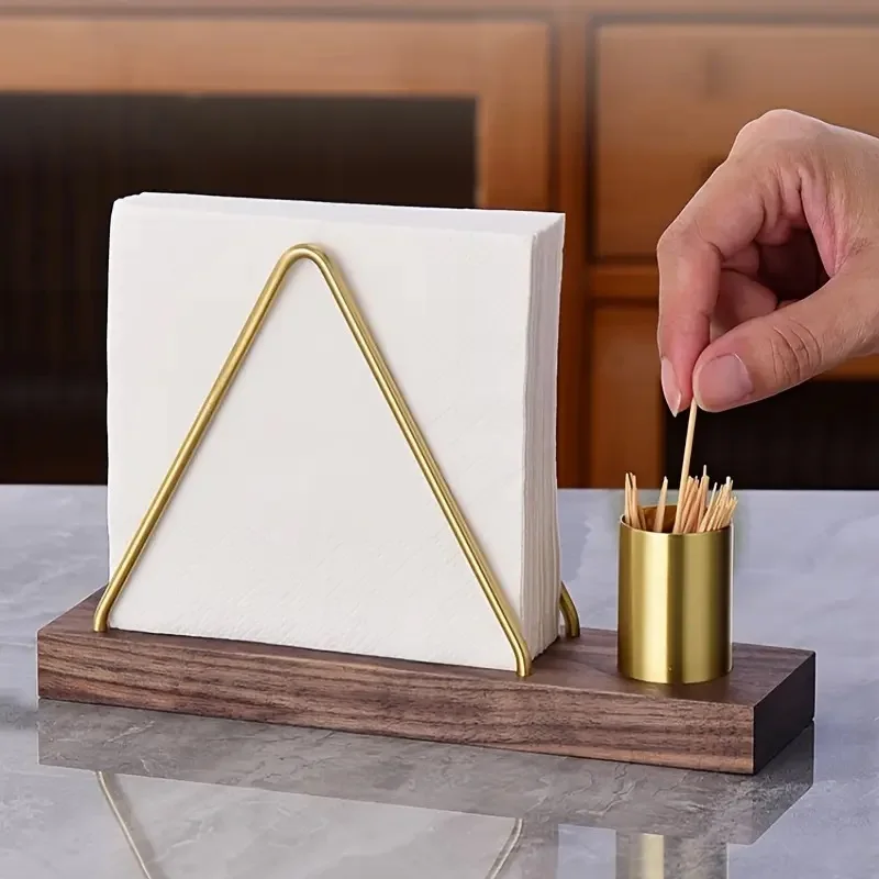 Solid Wood Tissue Holder Home Napkin Container Gold Metal Napkin Tissue Case for Hotel Restaurant Decoration Kitchen Accessories - imagen 3