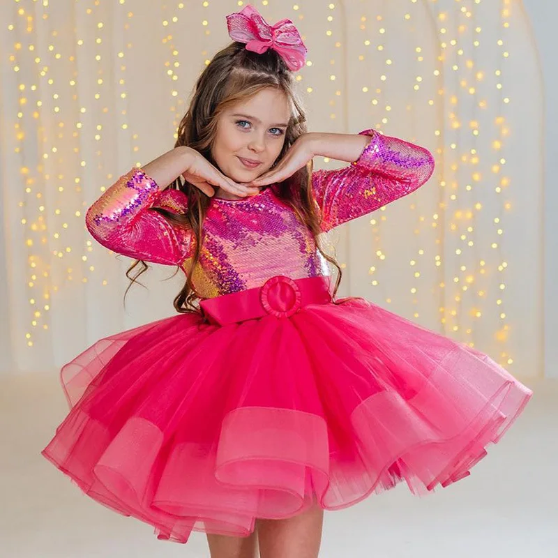 2025 Vestido de princesa de manga larga para niñas, vestido de lentejuelas magenta para Piano Recital, desfile de moda, fiesta brillante, ropa Formal, vestido de niña - imagen 2