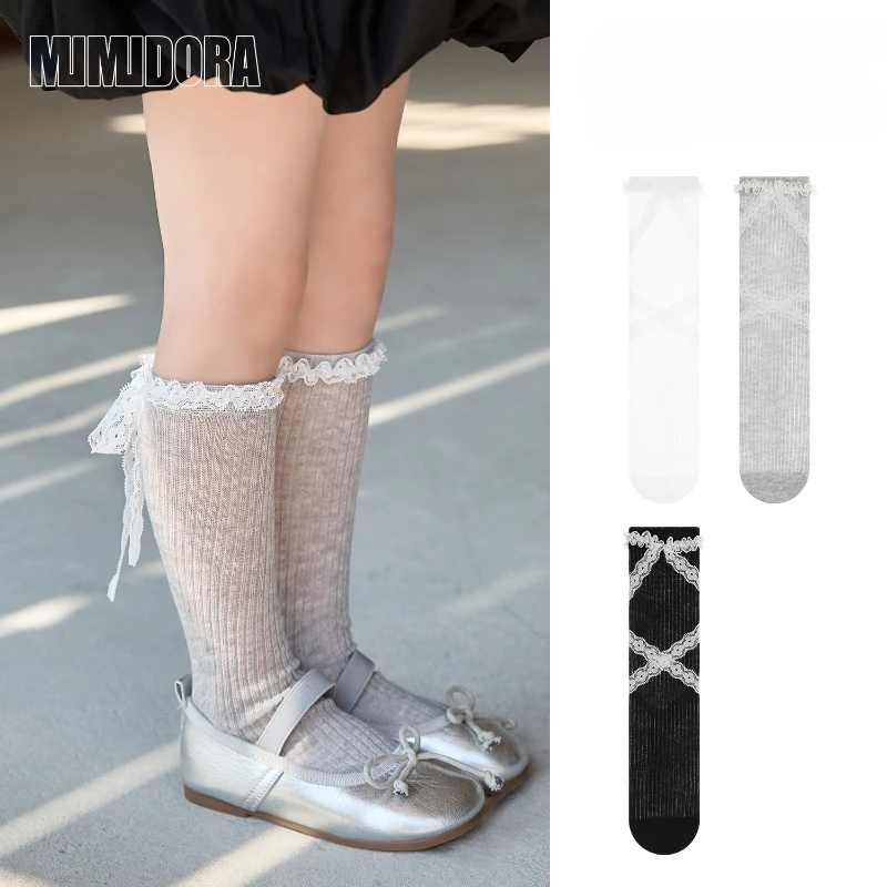 1 par de calcetines de malla de verano para niños y niñas, calcetines sencillos a la moda con volantes para niños, calcetines escolares finos y transpirables de algodón suave con lazo