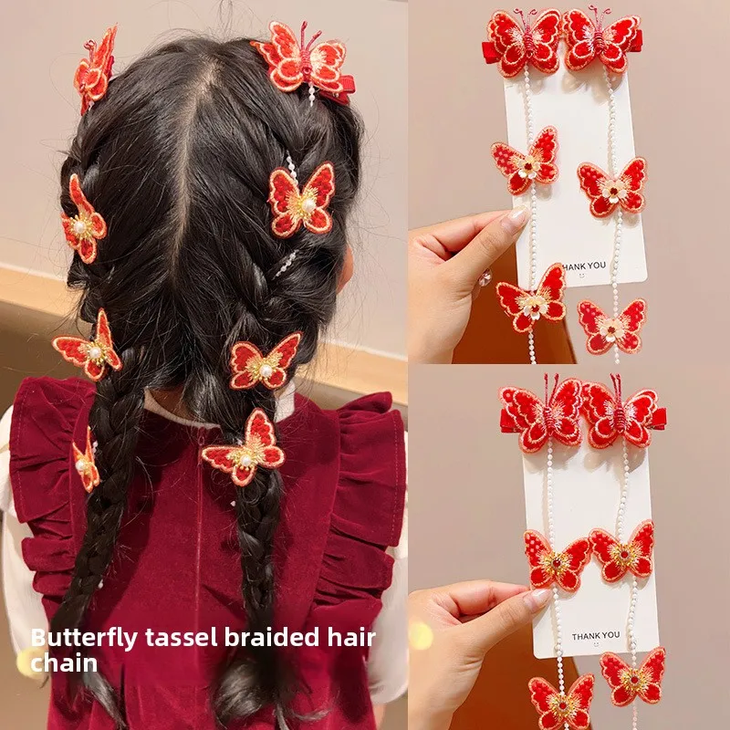 Pinzas para el cabello de mariposa retro de Año Nuevo para niños, borlas festivas, perfectas para trenzas, tocados esenciales para el Festival de Primavera para niñas