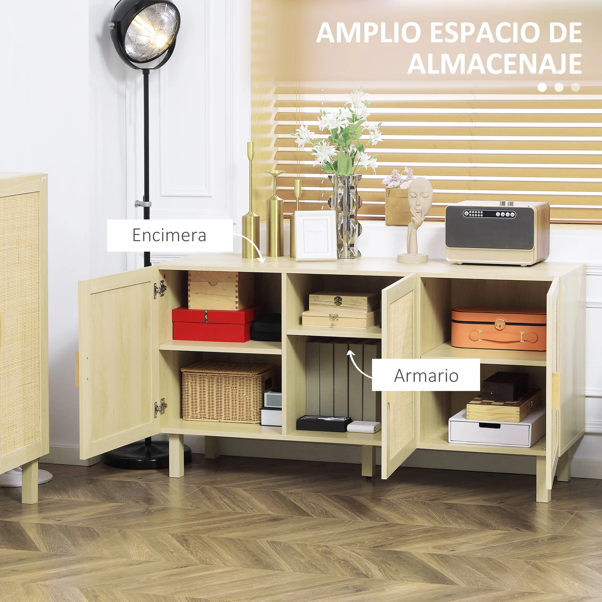 HOMCOM Aparador 3 Puertas de Rejilla de Ratán Aparador para Salón Nórdico con Estantes Ajustables para Comedor Entrada Dormitorio Natural 136x41x70 cm - imagen 4